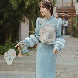 Mock Two-piece Long-sleeve Floral Embroidered Midi Sheath Dress