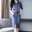 Rose Applique Elbow-sleeve Denim Shirt Dress
