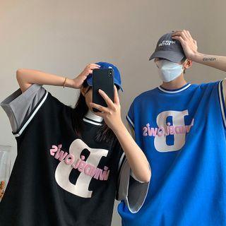 Couple Matching Mock Two-piece Short-sleeve Lettering T-shirt