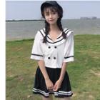 Short-sleeve Double-breasted Sailor Collar Blouse / A-line Mini Skirt