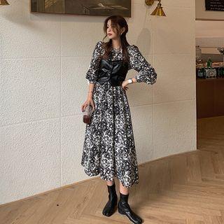 Buttoned Camisole / Flower Print Long-sleeve Midi A-line Dress