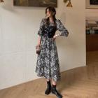 Buttoned Camisole / Flower Print Long-sleeve Midi A-line Dress