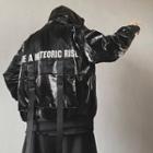 Lettering Print Faux Leather Hooded Zip Jacket