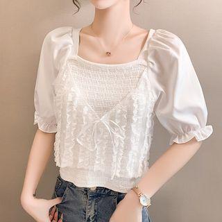 Puff-sleeve Square Neck Knit Panel Top