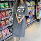 Elbow-sleeve Smiley Face Print Midi T-shirt Dress