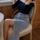Off-shoulder Long-sleeve Top / Slit Midi A-line Denim Skirt