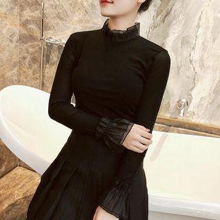 Stand Collar Bell-sleeve Mesh Top