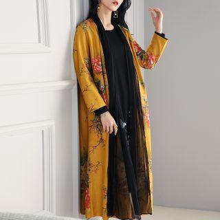 Flower Print Open Front Midi Light Jacket