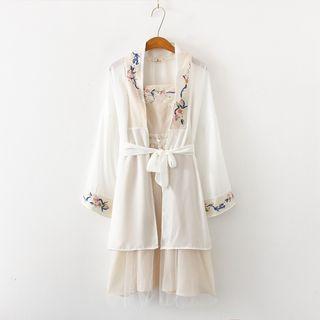 Flower Embroidered Spaghetti Strap Dress / Lace-up Chiffon Jacket / Set