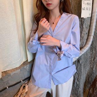 Long-sleeve V-neck Blouse Blue - One Size