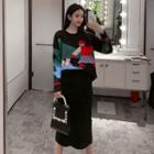 Set: Print Sweater + Plain Midi Pencil Skirt