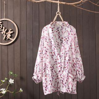 Long-sleeve Printed Shirt Jacket Red - One Size