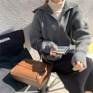 Mock-neck Faux Shearling Knit Cardigan