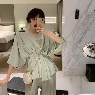 Plain V-neck Loose-fit Blouse / Loose-fit Pants