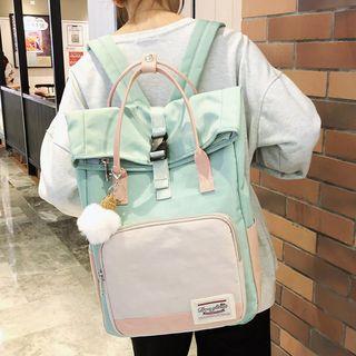 Pom Pom Color Panel Nylon Backpack