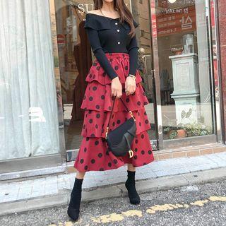 Set: Capelet Knit Top + Dot Cancan Skirt Black & Red - One Size