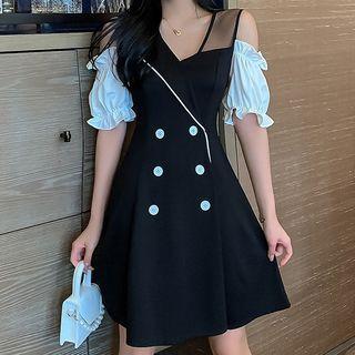 Cold-shoulder Puff-sleeve Double-breasted Mini A-line Dress