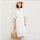 Elbow-sleeve Frill Trim A-line Midi Chiffon Dress White - One Size