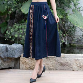 Embroidered Trim A-line Midi Skirt Navy Blue - One Size