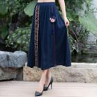 Embroidered Trim A-line Midi Skirt Navy Blue - One Size