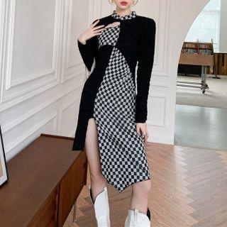 Checkerboard Panel Irregular Midi Bodycon Dress