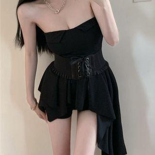 Set: Irregular Tube Top + Shorts + Corset Belt Set - Black - One Size