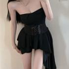 Set: Irregular Tube Top + Shorts + Corset Belt Set - Black - One Size