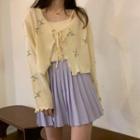 Floral Print Tie-front Cardigan / Camisole Top / Pleated Mini A-line Skirt