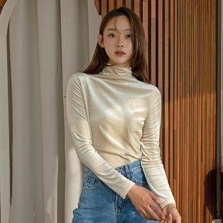 Mock-neck Slim Velvet T-shirt