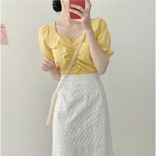Ruched Short-sleeve Blouse / Midi A-line Skirt