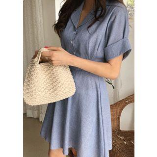 Notched-collar Pinstripe Shirtwaist Flare Dress