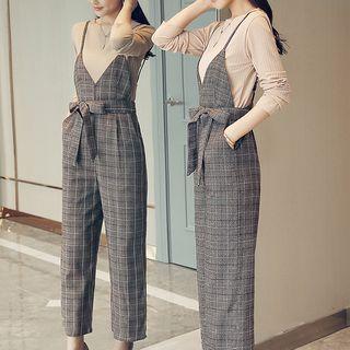 Set: Plain Knit Top + Plaid Jumper Pants