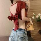 Short-sleeve Ribbon Open Back Cropped T-shirt