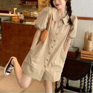 Short-sleeve Peter Pan Collar Pocket-detail Shirtdress Khaki - One Size