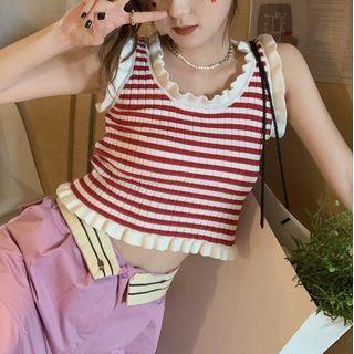 Wood Ear Trim Striped Knit Tank Top Red & White - One Size