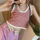 Wood Ear Trim Striped Knit Tank Top Red & White - One Size