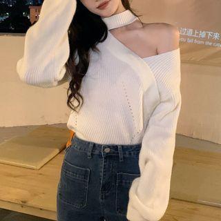 Choker-neck Asymmetrical Cold-shoulder Sweater
