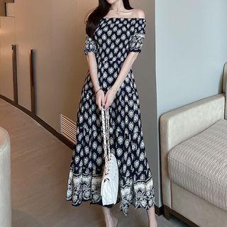 Short-sleeve Cold Shoulder Patterned Midi A-line Dress