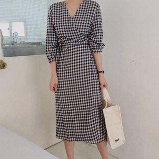 Checked 3/4-sleeve Midi Sheath Dress