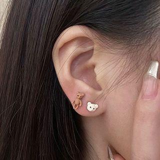 3 Pair Set: Bear / Bow Alloy Earring Set - Coffee & White - One Size