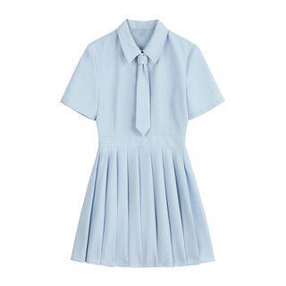 Short-sleeve Tie-neck Mini Shirtdress