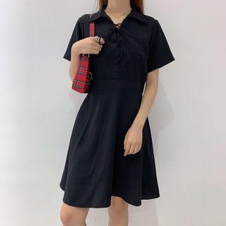 Lace-up Short-sleeve Mini A-line Dress