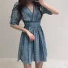 Elbow-sleeve Floral A-line Mini Dress Blue - S