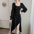 Long-sleeve Glitter Slit-side Dress