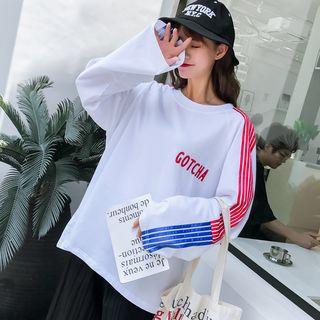 Long-sleeve Lettering Striped Panel T-shirt