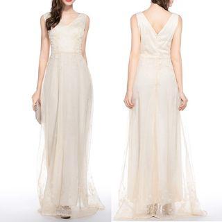 V-neck Embroidered Sleeveless Evening Gown