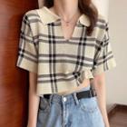 Elbow-sleeve Collared Plaid Knit Top