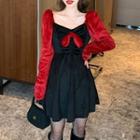 Long-sleeve Two-tone Velvet Mini A-line Dress