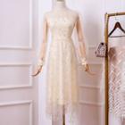 Long-sleeve Sequined Mesh Midi A-line Dress