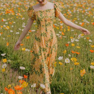 Puff-sleeve Leaf Print Midi Dress